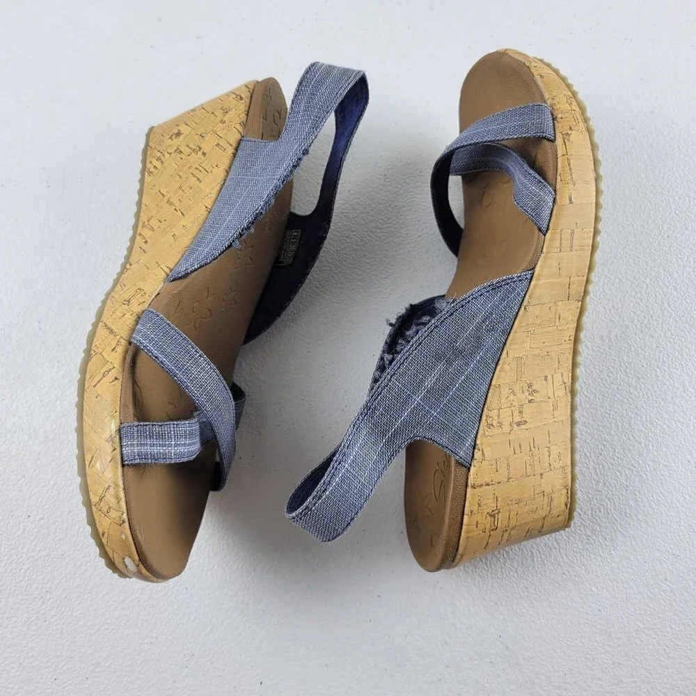Skechers Luxe Cross Leigh Foam Cork Wedge Ankle Strap Open Toe Sandals 8 Blue